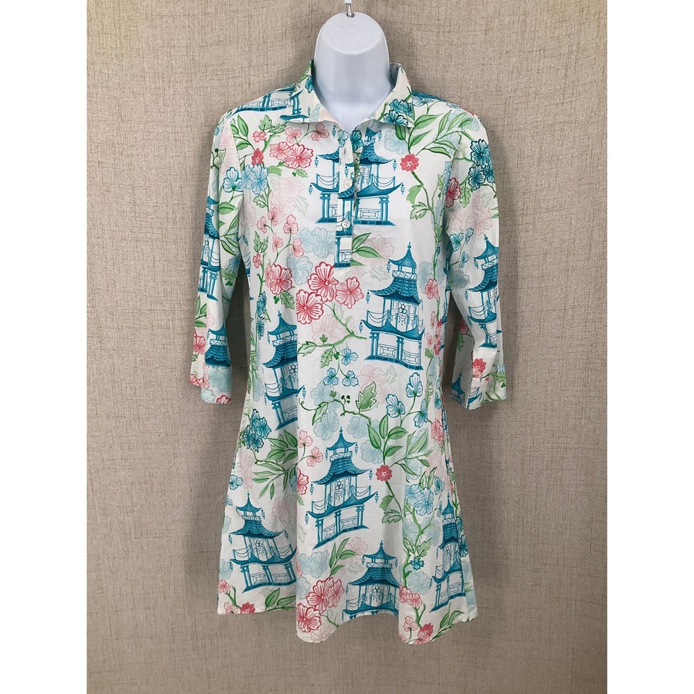 Marigold Pagoda Floral Shift Dress Womens XS White Cotton Chinoiserie Boho Tunic